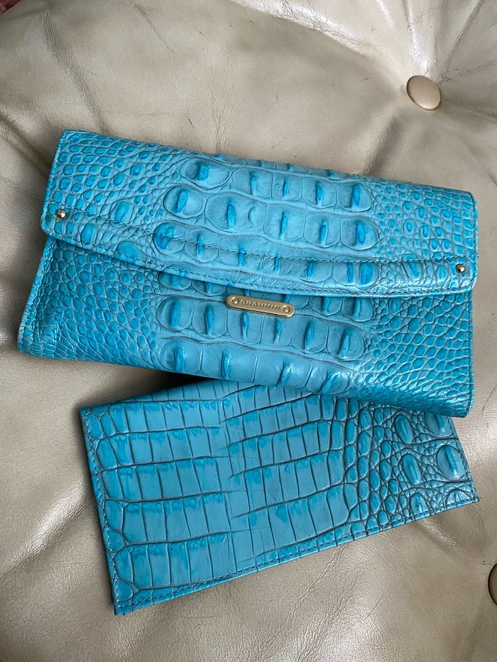 Vintage Brahmin Wallet Checkbook Aqua Turquoise Melbourne Leather Croc